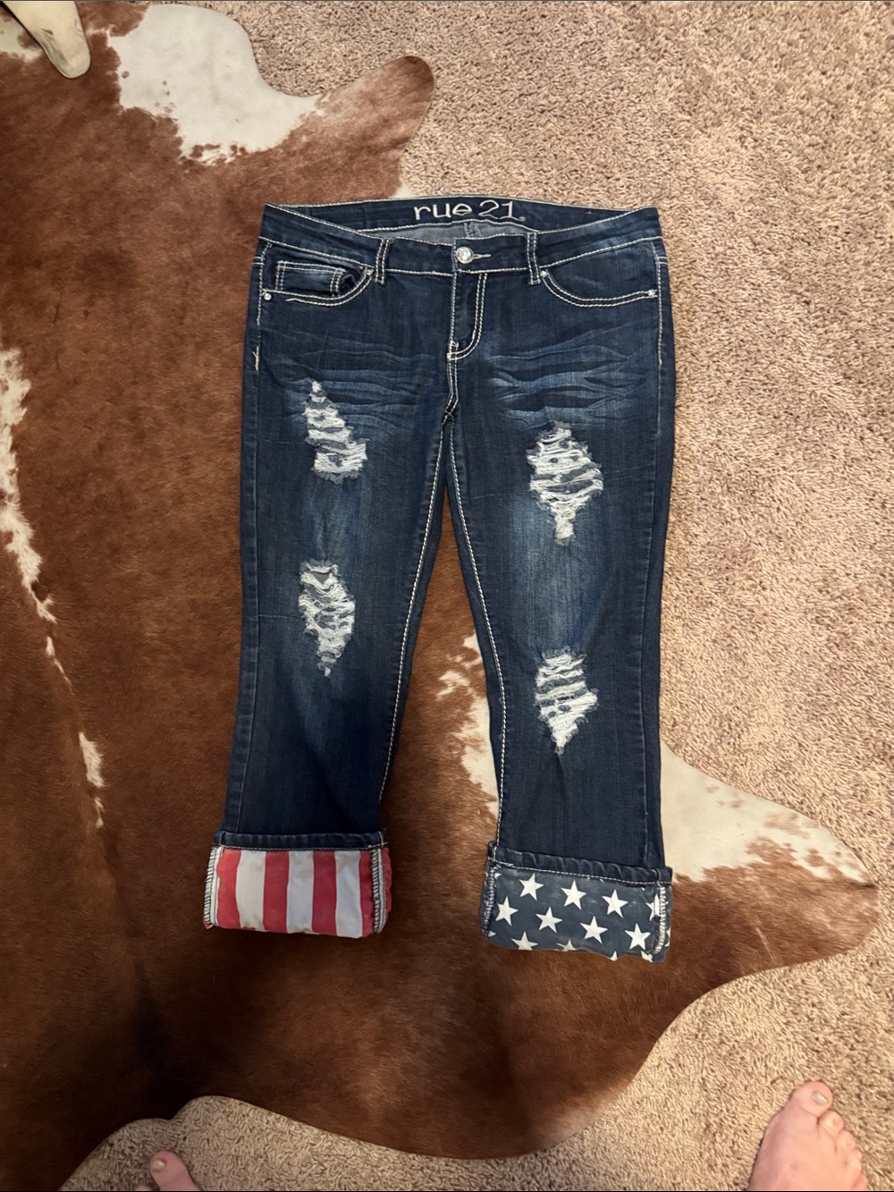 Patriotic Rue21 Dark Blue Distressed Cropped Jeans with Star & Stripe Cuffs